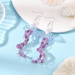 Purple Dyed Natural Malaysia Jade Jellyfish Dangle Earrings for Women, with 304 Stainless Steel Hooks & Shell Pearl & Glass Beads, Purple, 90x23mm