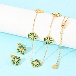 Зеленый 304 Колье и серьги-гвоздики из нержавеющей стали с цепочками из смоляных цветочных звеньев, золотые, ионное покрытие (ip), зелёные, ожерелья: 15.83 дюйм (40.2 см), серьги: 13.5x13 mm