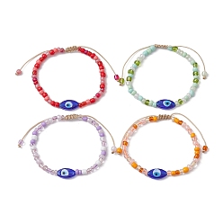 Mixed Color Evil Eye Lampwork & Glass Seed Braided Bead Bracelet, Adjustable Bracelet for Women, Mixed Color, Inner Diameter: 2-1/4~3 inch(5.6~7.7cm)