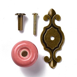 Light Coral Round-shaped Porcelain Cabinet Door Knobs, Kitchen Drawer Pulls Cabinet Handles, with Screw & Zinc Alloy Finding, Light Coral, 73x29.5x2mm