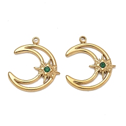 Real 18K Gold Plated 304 Stainless Steel Rhinestone Pendants, Moon with Star Charms, Ion Plating(IP), Real 18K Gold Plated, 18.5x16x2.5mm, Hole: 1.5mm