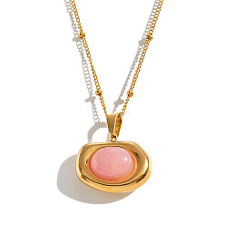 Oval Cuarzo rosa natural teñido 304 Collares con colgante geométrico de acero inoxidable para mujer, real 18 k chapado en oro, oval, 16.93 pulgada (43 cm)