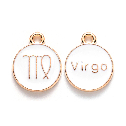 Virgo Alloy Enamel Pendants, Flat Round with Constellation, Light Gold, White, Virgo, 15x12x2mm, Hole: 1.5mm, 100pcs/Box