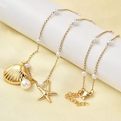 Золотой 304 Женские подвески в форме ракушки из нержавеющей стали, с абс пластмассовыми жемчужными бисером, белые, золотые, 17.20 дюйм (43.7 см)