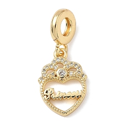 Настоящее золото 18K Латунь микропаве прозрачный кубический цирконий европейские подвески с подвесками, подвески с большим отверстием в форме сердца в форме короны, реальный 18 k позолоченный, 29 мм, отверстие : 4.8 мм