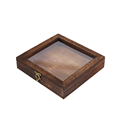 Седло Коричневый Деревянные ящики для хранения, с откидной крышкой из прозрачного стекла и железными застежками, квадратный, седло коричневый, 20x20x4.5 см