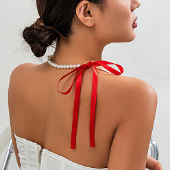 Красный Атласный шнур с бантом, пластиковый искусственный жемчуг, круглые бусины, колье-чокер для женщин, красные, 14.96 дюйм (38 см)