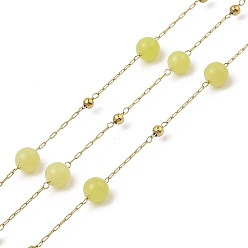 Желтый Ионное покрытие (ip) 304 звенья цепи из нержавеющей стали, с катушкой, с агатом, пайки, реальный 18 k позолоченный, желтые, 6 мм, золотые бусины: 3 мм, интервал между связями: 21.5мм, футы(10м)/рулон