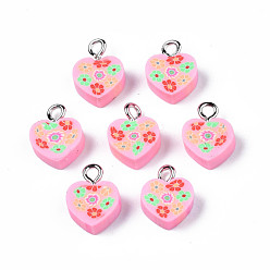 Pink Handmade Polymer Clay Charms, with Platinum Plated Iron Loop, Heart with Flower, Pink, 11~12.5x9.5~10x4~5mm, Hole: 1.8mm