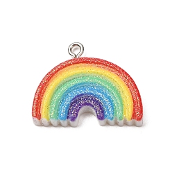 Colorful Opaque Resin Pendants, Rainbow Charms, with Platinum Iron Loops & Glitter Powder, Colorful, 21x26x4mm, Hole: 2mm