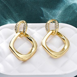 Настоящее золото 18K Серьги-гвоздики с ромбами из латуни с микропаве из прозрачных кубических цирконий, без свинца и без кадмия, долговечный, стойки покрытие, реальный 18 k позолоченный, 30x19 мм