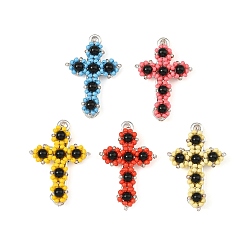 Mixed Color Natural Black Onyx(Dyed & Heated) & Glass Seed Beaded Pendants, Alloy Religion Cross Charms, Platinum, Mixed Color, 38~39x26x8mm, Hole: 3mm