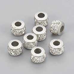 Kristall Handgefertigte Messing Polymer Clay Strass Perlen, Kolumne, Platin Farbe, Kristall, 7x5 mm, Bohrung: 2.5 mm