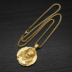 Golden 304 Stainless Steel Embossed Jesus Round Medal Pendant Necklaces for Men, Golden, 23.62 inch(60cm)