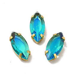 Аквамарин Эффект лунного света конский глаз пришить на стразах, многожильных ссылки, с золотыми тонами латунных зубьев, аксессуары для одежды, аквамарин, 15x7x4.5 мм, отверстие : 1 мм