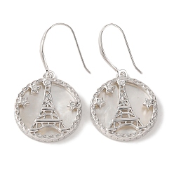 Real Platinum Plated 925 Sterling Silver Flat Round with Eiffel Tower Dangle Earrings, with Freshwater Shell & Clear Cubic Zirconia, Real Platinum Plated, 34x18mm