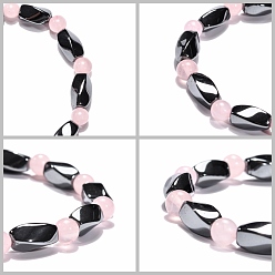 Rose Quartz Round Natural Rose Quartz Stretch Bracelets, with Non-Magnetic Synthetic Hematite Beads and Elastic Cord, 50mm