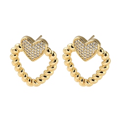 Настоящее золото 16K Серьги-гвоздики из латуни с паве из кубического циркония, сердце, реальный 16 k позолоченный, 22.5x21 мм