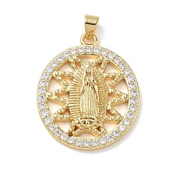 Настоящее золото 18K Религиозные латунные подвески с микропаве из прозрачного кубического циркония, плоский круглый с подвесками Девы Марии, стойки покрытие, долговечный, без кадмия и без свинца, реальный 18 k позолоченный, 29.5x24.5x4 мм, отверстие : 4.5x3.5 мм