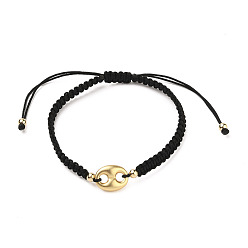 Black (Jewelry Parties Factory Sale)Adjustable Nylon Thread Braided Bead Bracelets, with Oval Alloy Links and Round Brass Beads, Golden, Black, Inner Diameter: 2-1/4~3-3/4 inch(5.7~9.5cm)