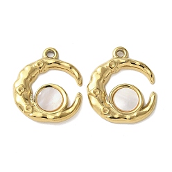 Настоящее золото 18K Луна прелести, 304 Подвески из нержавеющей стали с покрытием из натуральной раковины пауа/белой раковины методом ионного напыления (IP), реальный 18 k позолоченный, 19x16.5x2 мм, отверстие : 1.5 мм