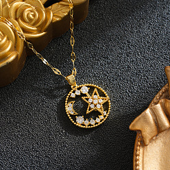 Real 18K Gold Plated Brass Pave Clear Cubic Zirconia Ring with Star Moon Pendant 201 Stainless Steel Dapped Chain Necklaces for Women, Ion Plating(IP), Real 18K Gold Plated, 15.75 inch(40cm)
