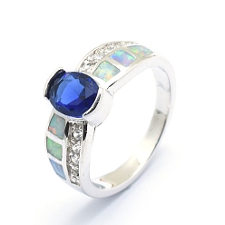 Platin Farbe Zirkonia Fingerringe, mit synthetischen Opal- und Messingbefunden, langlebig überzogen, ellipsenförmige, Größe 7, Blau, Platin Farbe, 17.5 mm
