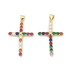 Разноцветный Латунные микро проложить кубического циркония подвески, крестик, без свинца и без кадмия, долговечный, стойки покрытие, реальный 18 k позолоченный, красочный, 33.5x22.5x5.5 мм, отверстие : 3x5.5 мм