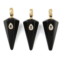 Obsidian Natural Obsidian Pointed Pendants, Faceted Cone Charms with Brass Micro Pave Cubic Zirconia Findings, Golden, 49~49.5x18.5~19x17.5~18mm, Hole: 5.5x7.5mm