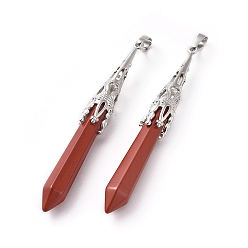 Красный Камень Натуральный красный яшма большие подвески, с латунной найти, пуля, платина, 75~80x10~10.5 мм, отверстие : 5x7 мм