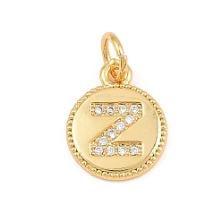 Letter Z Breloques en laiton zircon cubique transparent, rond plat avec breloques en forme de lettre, plaqué longue durée, sans plomb et sans cadmium, crémaillère plaquage, réel 18 k plaqué or, lettre z, 12.5x10x1.5mm, Trou: 3mm
