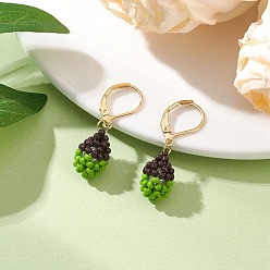 Зеленый Серьги из стеклянных бусин ручной работы с застежкой-молнией, желудь, с выпечкой окрашены перламутровым стеклом круглые бусины, золотые, зелёные, 31x9.5 мм