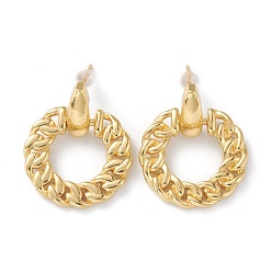 Real 18K Gold Plated Brass Dangle Stud Earrings, with Steel Pin and Plastic Ear Nuts, Long-Lasting Plated, Ring, Curb Chain Shape, Real 18K Gold Plated, 27x22x2.5mm, Pin: 0.8mm