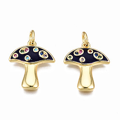 Negro Colgantes de esmalte de circonita cúbica micro pavé de latón con tema de otoño, con anillos de salto, sin níquel, seta, real 16 k chapado en oro, negro, 16.5x14x2 mm, anillo de salto: 5x0.8 mm, 3 mm de diámetro interior