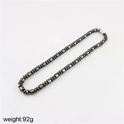 Черный Ожерелья для мужчин из синтетического магнитного гематита с ронделями и колонновидными бусинами, платина, чёрные, 18.11 дюйм (46 см)