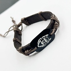 Лев Плетеные браслеты из коровьей кожи и хлопкового шнура, браслеты из смоляных бусин для мужчин, лев, 7-1/8 дюйм (18 см)