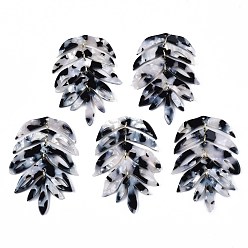 Черный Ацетат целлюлозы (смола) большие подвески, с петлями из латуни, покрытой светлым золотом, лист, чёрные, 65x42x2.5 мм, отверстие : 1.2 мм, Перейти кольцо: 6x1 мм, 4.5 мм внутренним диаметром