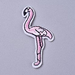 Pearl Pink Computerized Embroidery Cloth Iron on/Sew on Patches, Costume Accessories, Appliques, Flamingo Shape, Pearl Pink, 59x28.5x1.5mm