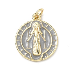 Темно-Серый Латунь эмаль подвески, плоский круглый с подвесками Девы Марии, долговечный, стойки покрытие, без свинца и без кадмия, реальный 18 k позолоченный, темно-серый, 20x17x2.5 мм, Перейти кольцо: 5x1 мм, отверстие : 3 мм