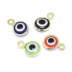 Настоящее золото 18K Подвески ручной работы сглаз, с латунной фурнитурой , плоско-круглые, разноцветные, реальный 18 k позолоченный, 10x6.5x3 мм, отверстие : 1.5 мм