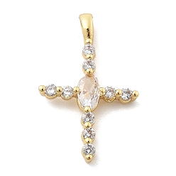 Настоящее золото 18K Латунные микропаве прозрачные подвески с фианитом, крестик, стойки покрытие, долговечный, без свинца и без кадмия, реальный 18 k позолоченный, 21x13x3.5 мм, отверстие : 3x1.5 мм