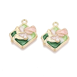 Морско-зеленый Подвески из эмали и сплава, Подвески в виде ромба и розы, с ABS имитации жемчуга, золотой свет, цвета морской волны, 23x20x4.5 мм, отверстие : 1.8 мм