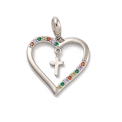 Разноцветный Латунные микро проложить кубического циркония подвески, долговечный, без свинца и без кадмия, платина, сердце с крестом, красочный, 20x19.5x2 мм, отверстие : 3x5 мм