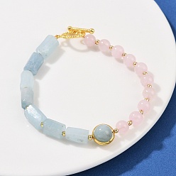 Аквамарин Браслеты из натурального аквамарина, натурального розового кварца, латунных круглых и призматических бусин для женщин, реальный 18 k позолоченный, долговечный, стойки покрытие, 8-1/8 дюйм (20.5 см)