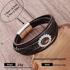 Couleur Acier Inoxydable Bracelet vintage pour homme en acier inoxydable tressé et cuir PU avec fermoirs métalliques, noir, couleur inox, diamètre intérieur: 304 pouce (2.76 cm)