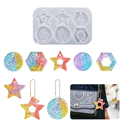 Mixed Patterns DIY Silicone Flash Diamond Effect Pendant Molds, Resin Casting Molds, for UV Resin, Epoxy Resin Jewelry Making, Star/Hexagon/Flat Round, Mixed Patterns, 236x150x11mm, Hole: 6mm, Inner Diameter: 60.5~67.5x67.5~69mm