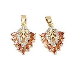 Orange Red Brass Micro Pave Cubic Zirconia Pendants, Leaf Charms, Golden, Orange Red, 20x15x4mm, Hole: 3x5.5mm
