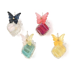 Silver 4Pcs 4 Styles Electroplated Natural Quartz Copper Wire Wrapped Pendants, Faceted Column with Glass Butterfly Charms, Mixed Color, Silver, 25~29x15~17x12~15mm, Hole: 3~3.5mm, 1pc/style