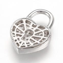 Real Platinum Plated Brass Micro Pave Cubic Zirconia Pendants, Real Platinum Plated, Heart Padlock, 20x14x3.5mm, Hole: 6x6.5mm