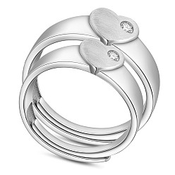 Platinum 925 Sterling Silver Adjustable Couple Rings, with Cubic Zirconia, Heart, Platinum, Size 9, 19.1mm, Size 7, 17.7mm, 2pcs/set